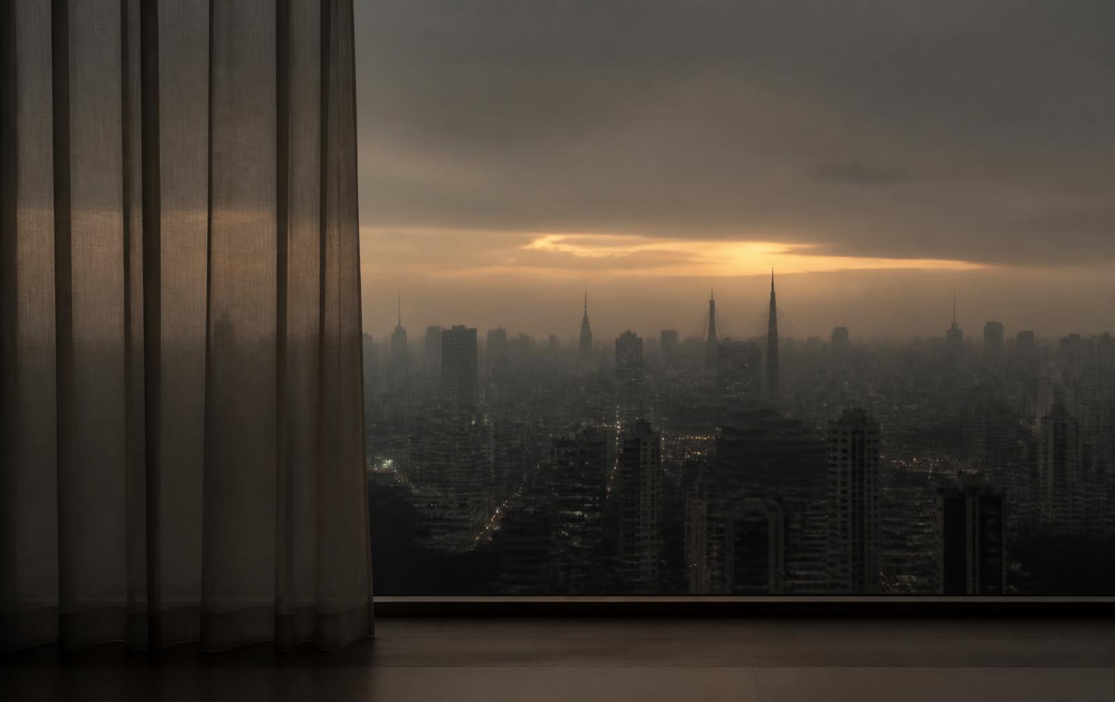 Horizonte de São Paulo ao anoitecer visto através de linho translúcido