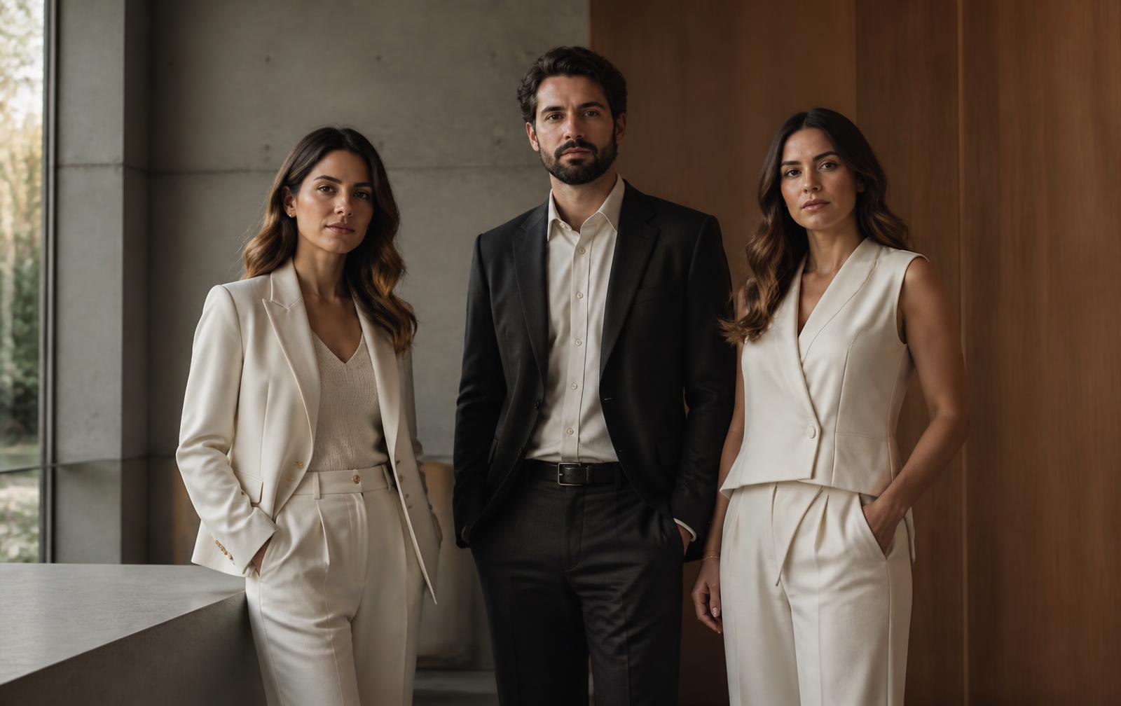 Equipe clínica em ambiente minimalista de concreto e madeira